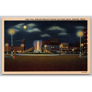 Vintage Postcard Belleville Illinois Night View Memorial Fountain Moon Light IL